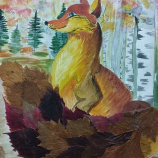 "Лиса - боярыня" Смешанная техника - аппликация из сухих листьев, живопись - акварель.