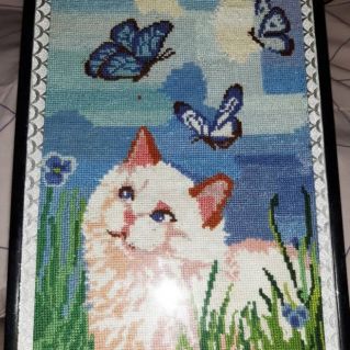 вышивка "Кошка с бабочками"