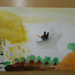 Осенняя берёза, грядка с овощами и улетающая птица