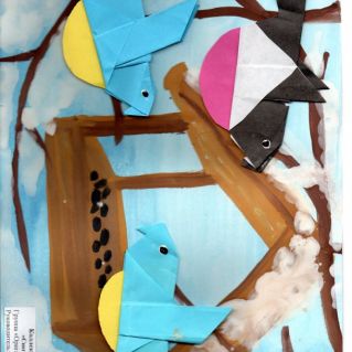 Коллективная работа "Снегири-синицы" (оригами)