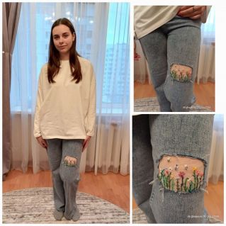 Обновление джинс с помощью вышивки по сетке