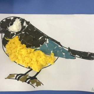 Аппликация  " Зимующие птицы" в технике " обрывной аппликации "