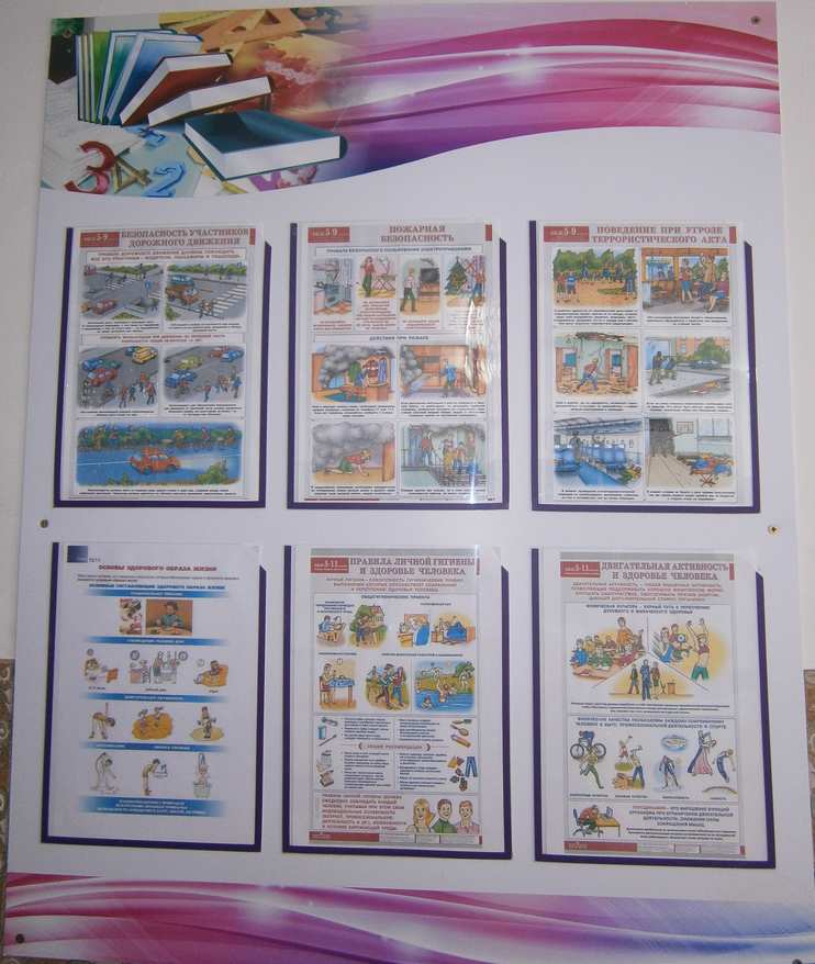 К началу нового учебного года оформила в кабинете стенд по комплексной безопасности и здоровому образу жизни. В комплексную безопасность вошли такие темы, как: 1) Безопасность участников дорожного движения; 2) Пожарная безопасность; 3) Правила безопасного поведения при угрозе террористического акта, а в здоровый образ жизни: 1) Основы здорового образа жизни; 2) Правила личной гигиены и здоровья человека; 3) Двигательная активность и здоровье человека.